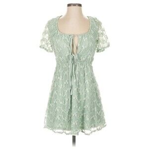 Baevely Boutique Blue Boho Floral Embroidered Ruffle women Swing Dress sz M